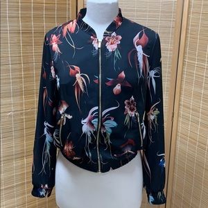 H&M Black Red Floral Pattern Bomber Jacket size 6